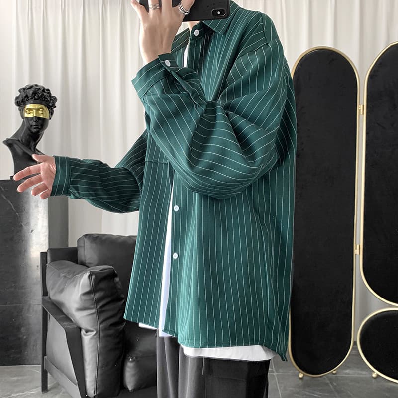 Striped Shirt Men Harajuku Style Casual Long Sleeve Shirt Korean Loose Fit Trendy Ins Versatile Jacket