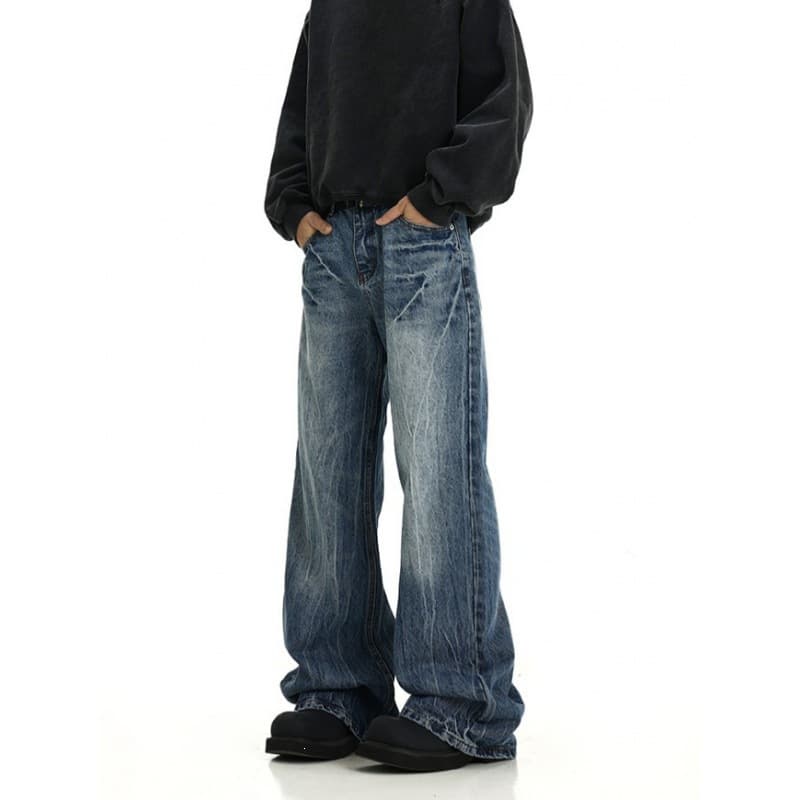 Hot style, versatile, lightning cracked, distressed, washed, slim, mid-waist, versatile, loose, straight-leg, slightly flared black jeans