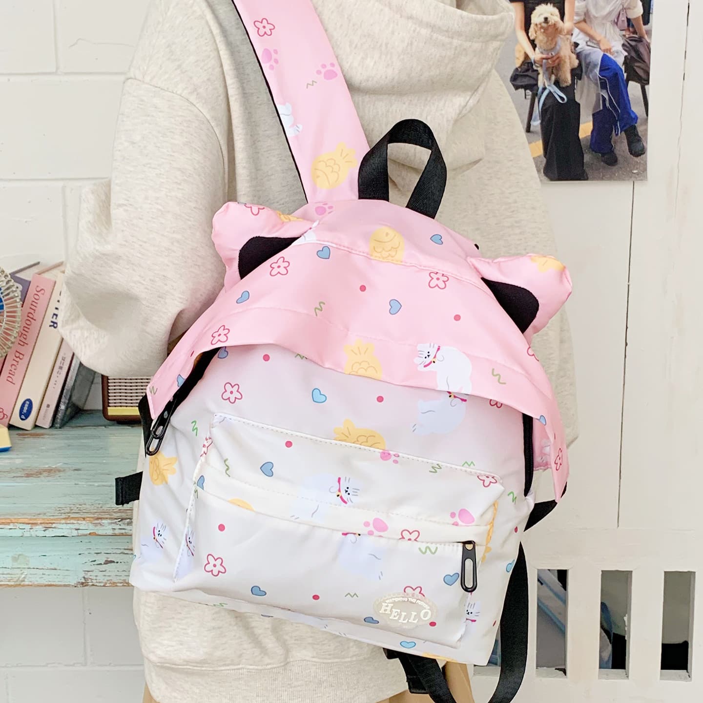 Korean version ins cartoon kitten backpack female cute cat ears star student school bag fashionable versatile backpack
