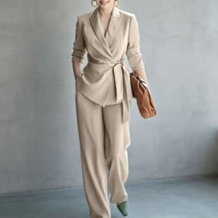 AA EU/US Cross-Border 2026 Autumn Fashion Elegant Women's Casual Solid Color Blazer with Tie Belt Top and Pants Two-Piece Set