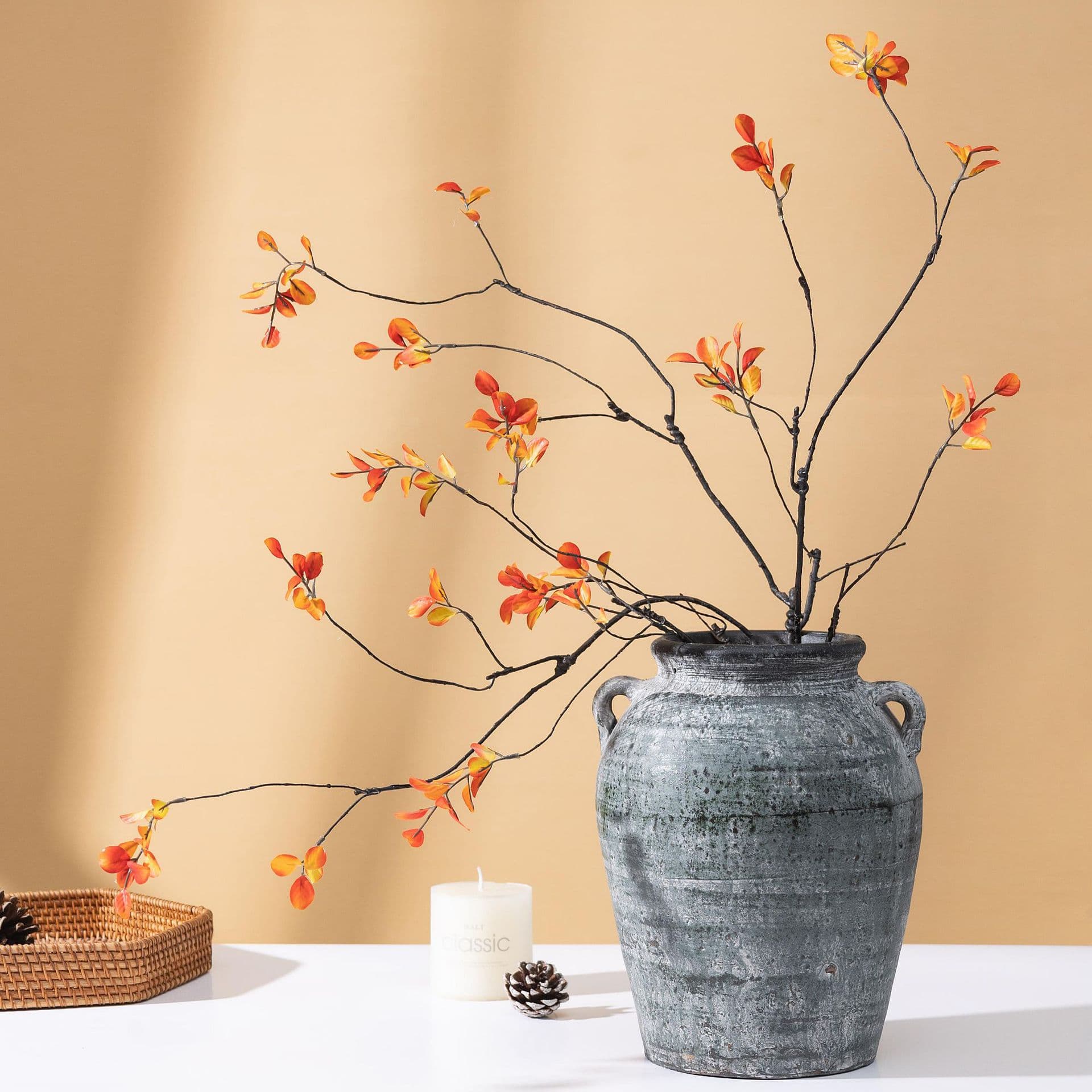 Red Maple Leaf Artificial Plant Autumn Green Maple Branch Tree Living Room Decoration Ornament Dried Branch Vase Flower Arrangement Fake Plant