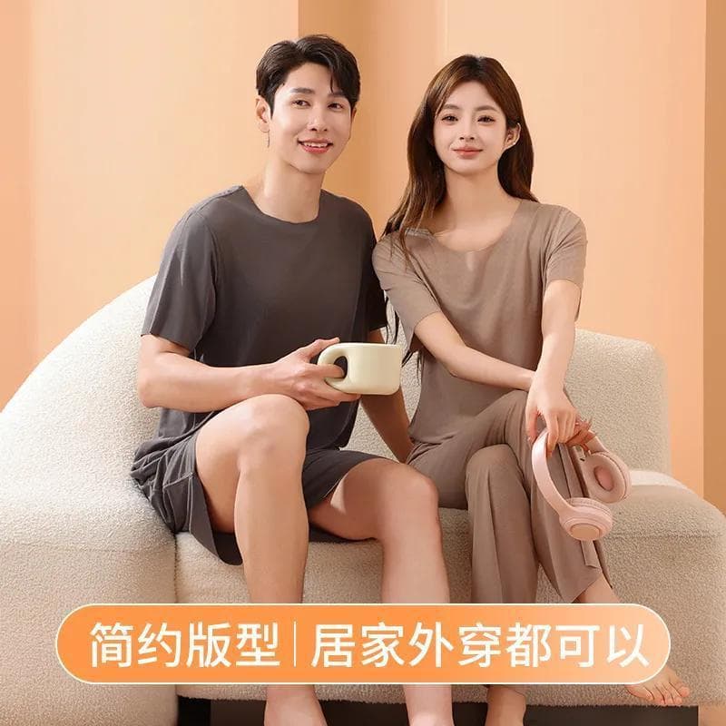 Ice Silk Couple Sleepwear Set Women Summer Loose Plus Size Home Clothes Men's Nightgown Thin Material Comfortable Home Suit