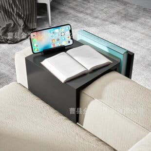 Bamboo Sofa Arm Tray for Phone and Cup Storage with Side Storage Pocket, Non-Slip Sofa Arm Tray