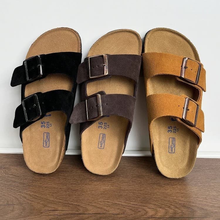 Birkenstock Cork Sole Sandals Unisex 2026 New Genuine Leather Double Buckle Two-Strap Retro Birkenstock Sandals