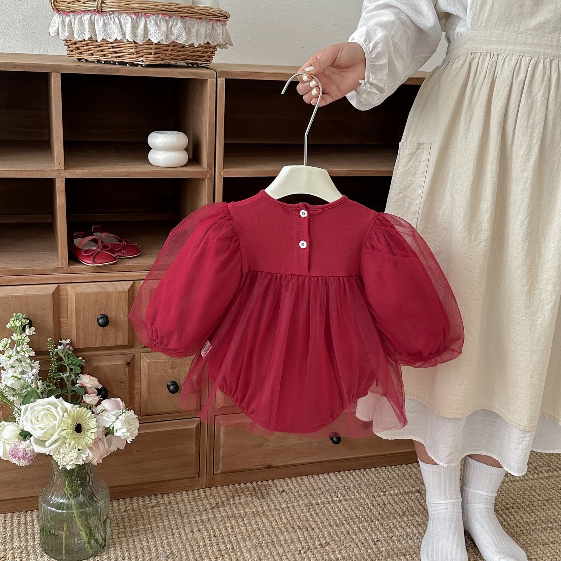 Korean Style Spring/Autumn Newborn Baby Girl Romper Red Mesh 1 Year Old Princess Dress Class A