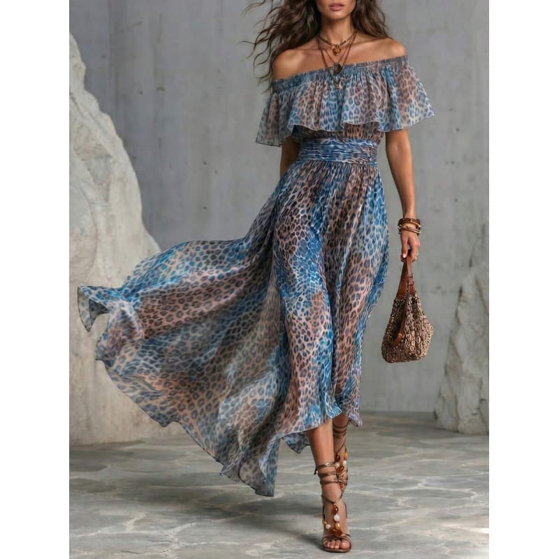 Amazon Cross-Border European Summer Blue Leopard Print Chiffon Off-Shoulder Bohemian Long Dress