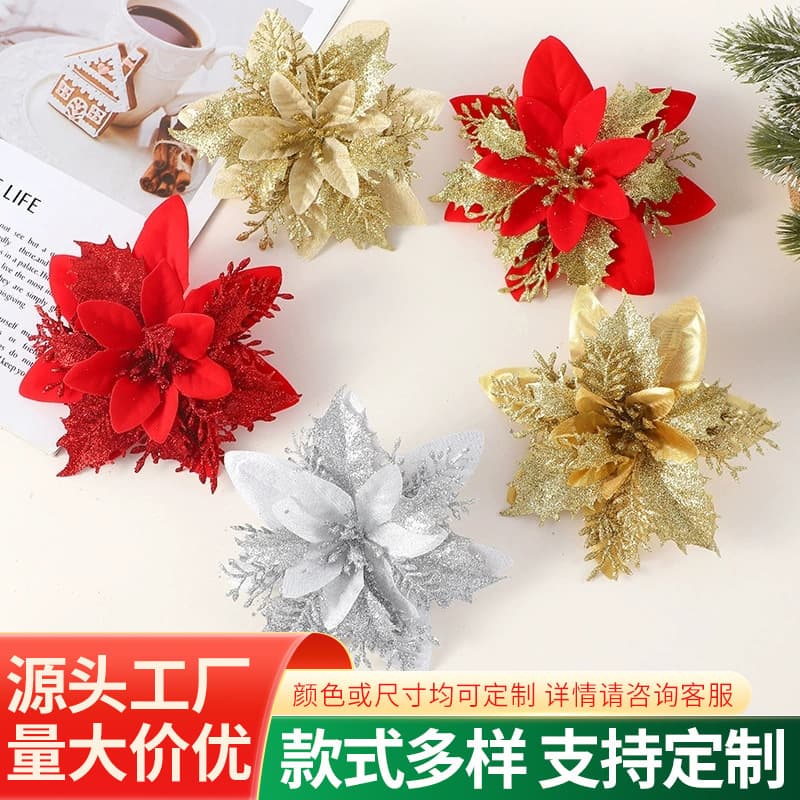 Christmas Artificial Poinsettias, Gold-dusted Flower Heads, Tree Decoration Accessories, Handmade DIY Flowers