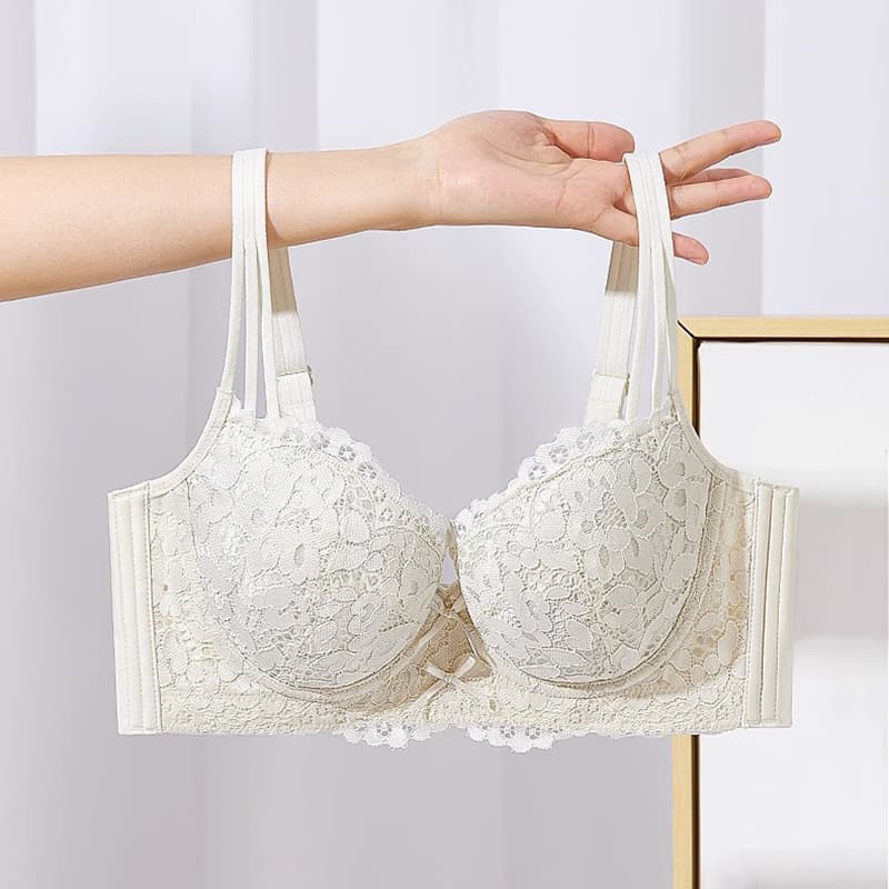 Women's Thin Large Size Minimizing Lace Soft Steel Ring Anti-Sagging Gathered Breast Adjustment Bra Nylon Material Cotton Padded
