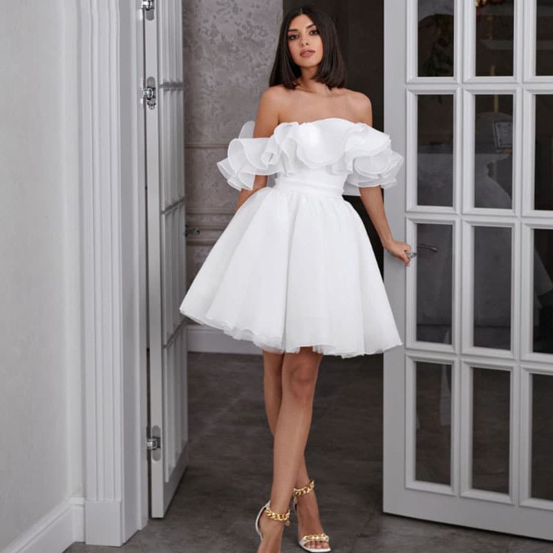 2026 New French-Style White Off-Shoulder Light Wedding Dress, Simple Banquet Birthday Party Short Dress for Petite Figures