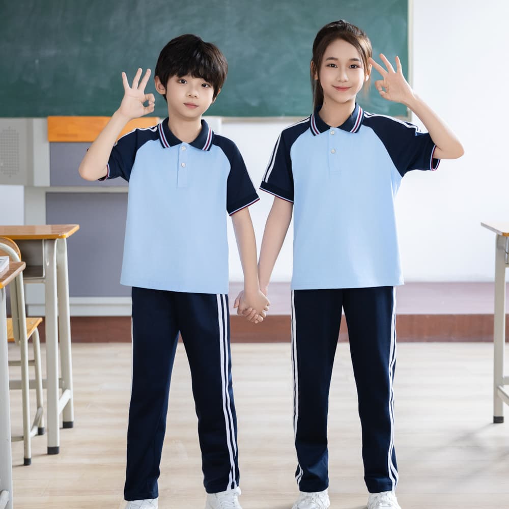 School Uniform Short Sleeve Set T-Shirt POLO Shirt for Primary and Secondary Students Summer Blue Class Shirt Men's Plus Size