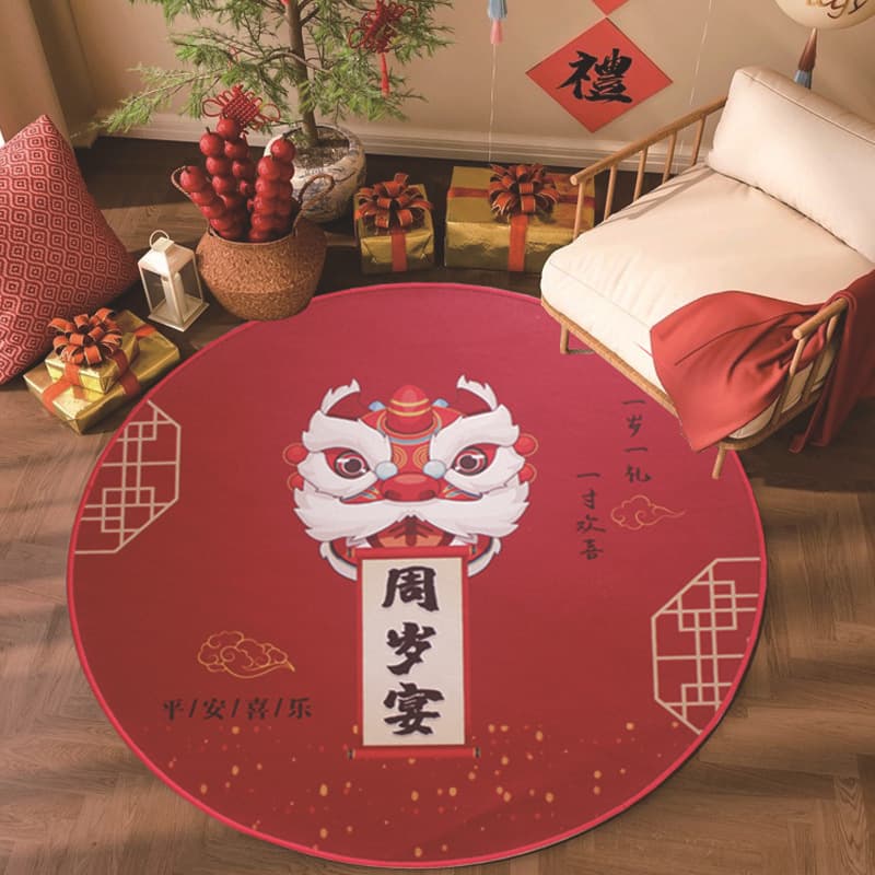 Red Festive Chinese-Style First Birthday Round Crystal Velvet Carpet, Wear-Resistant, Easy to Clean, Birthday Atmosphere Decorative Rug