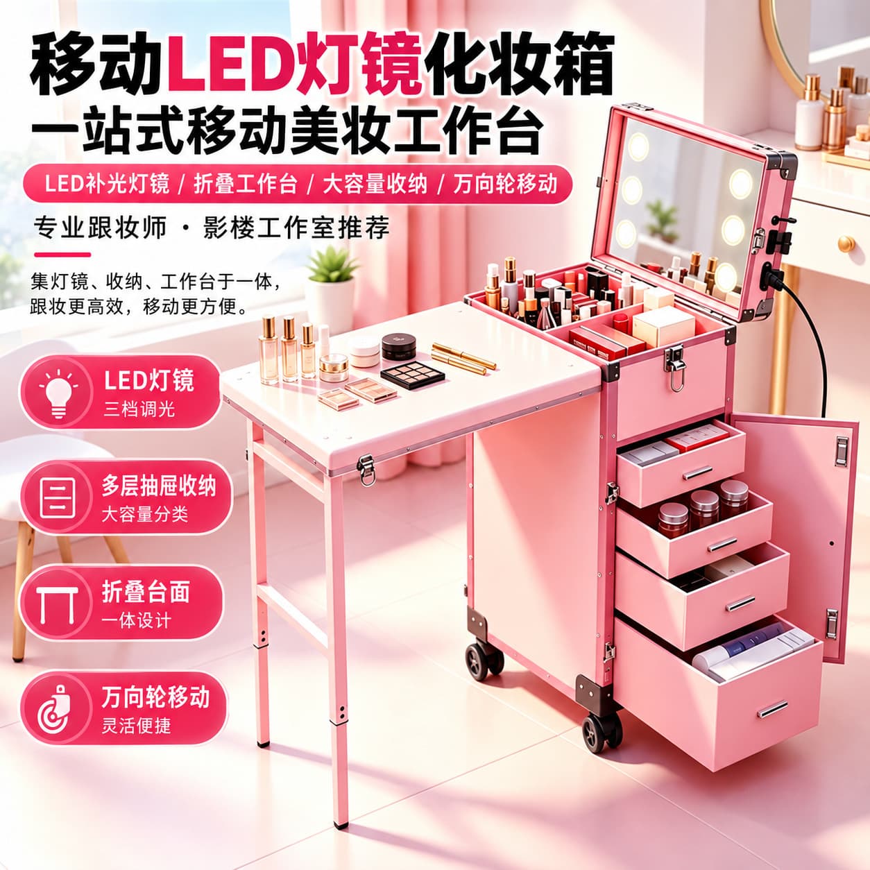 Large Capacity Makeup Case with Handle Manicure Makeup Artist Follow-Up Makeup Box with Light Professional Grade Makeup Bag