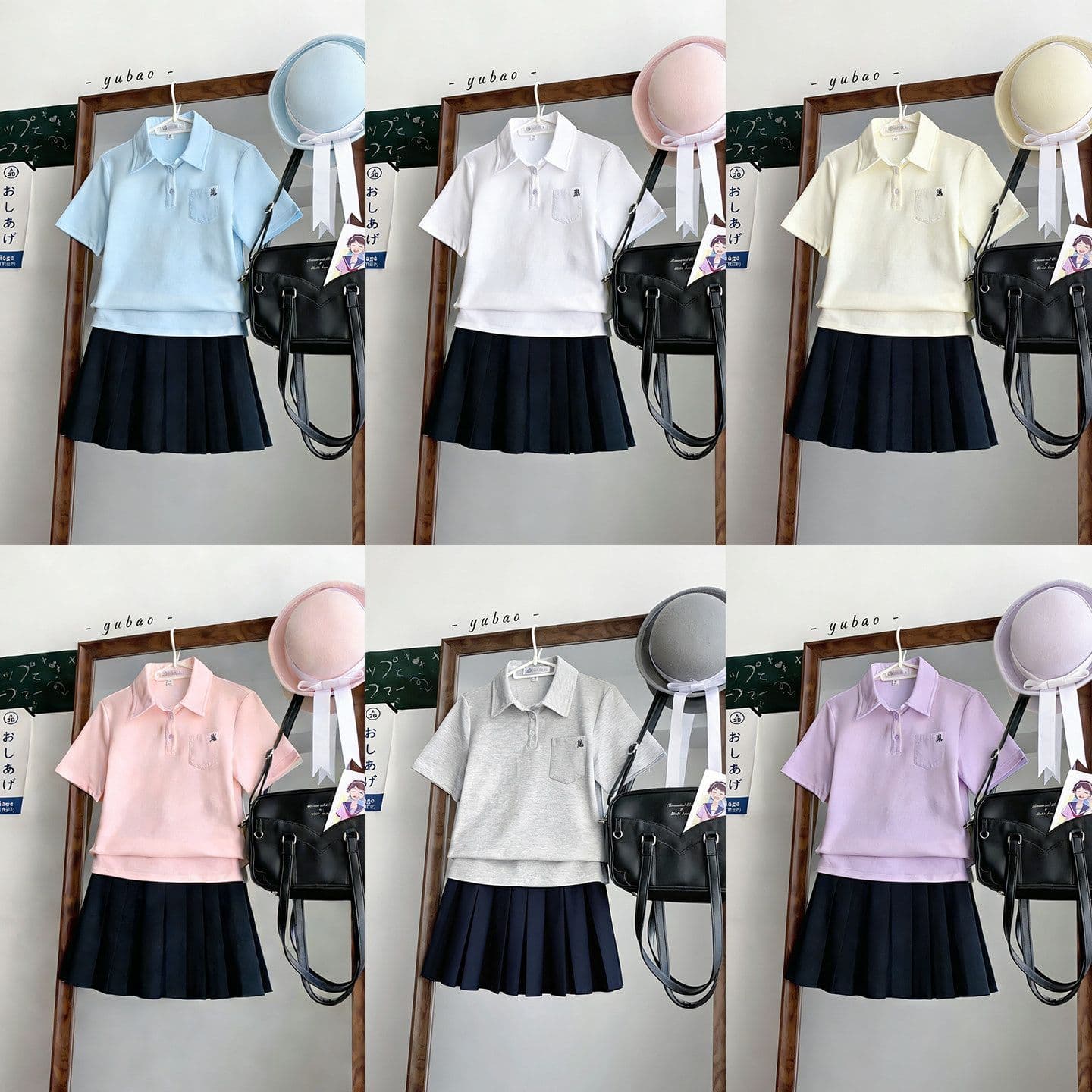 School-style JK short-sleeve polo shirt sporty T-shirt for women with pleated skirt set, fitted white blouse top
