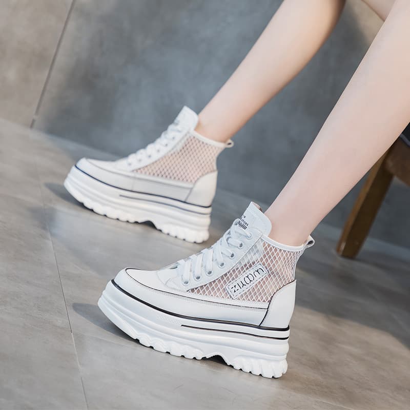 2026 Spring New Height-Increasing Casual Sports Shoes for Petite Women, Korean Style Mesh Thick Sole High-Top White Shoes