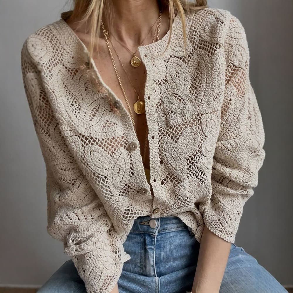 Cross-Border Best-Selling Solid Color Knitted Crochet Hollow Button Long Sleeve Commuter Street Casual Women's Top