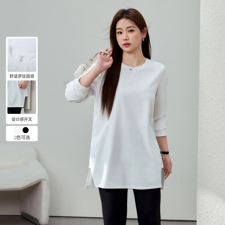 Slim & Comfortable Plus Size Women's Casual Comfortable Simple Design Slit Versatile T-Shirt for Curvy Women, 2024 Autumn New Arrival