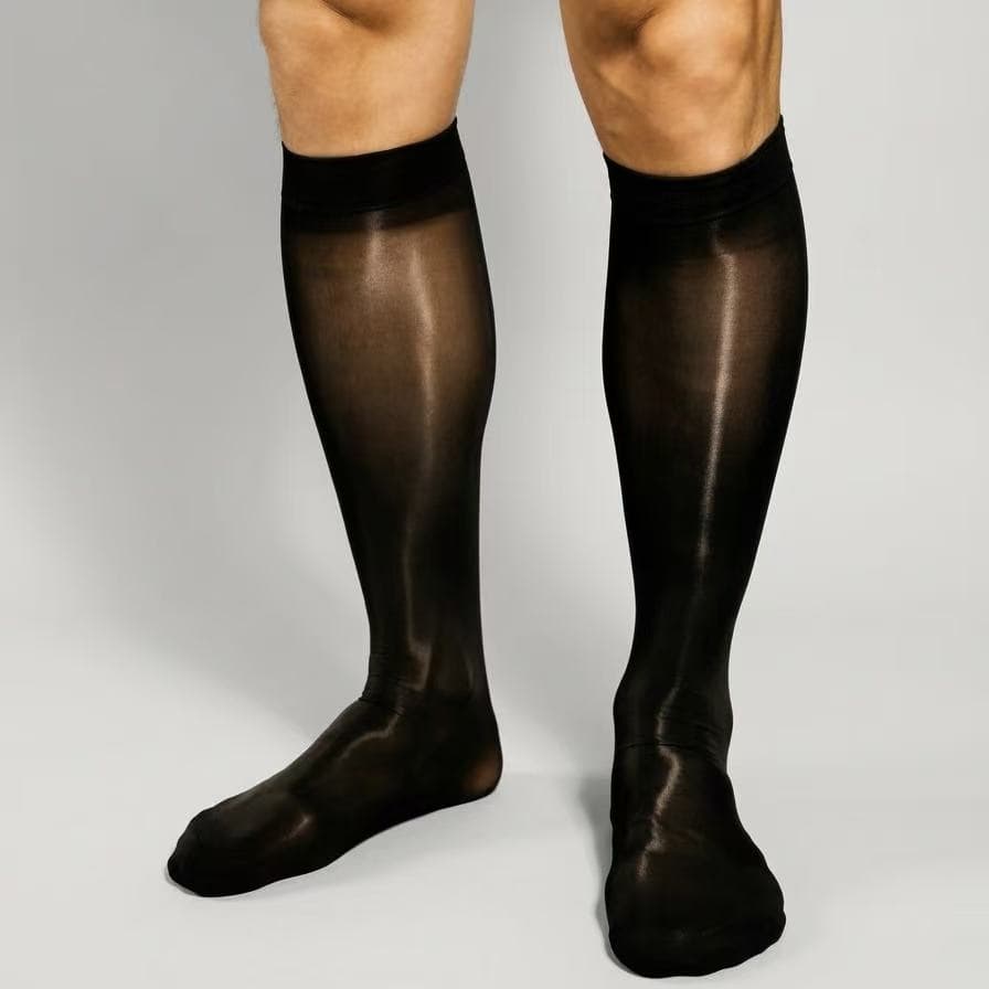 Horse oil mirror plain nylon formal men's mid-length straight silk socks Laser Sock