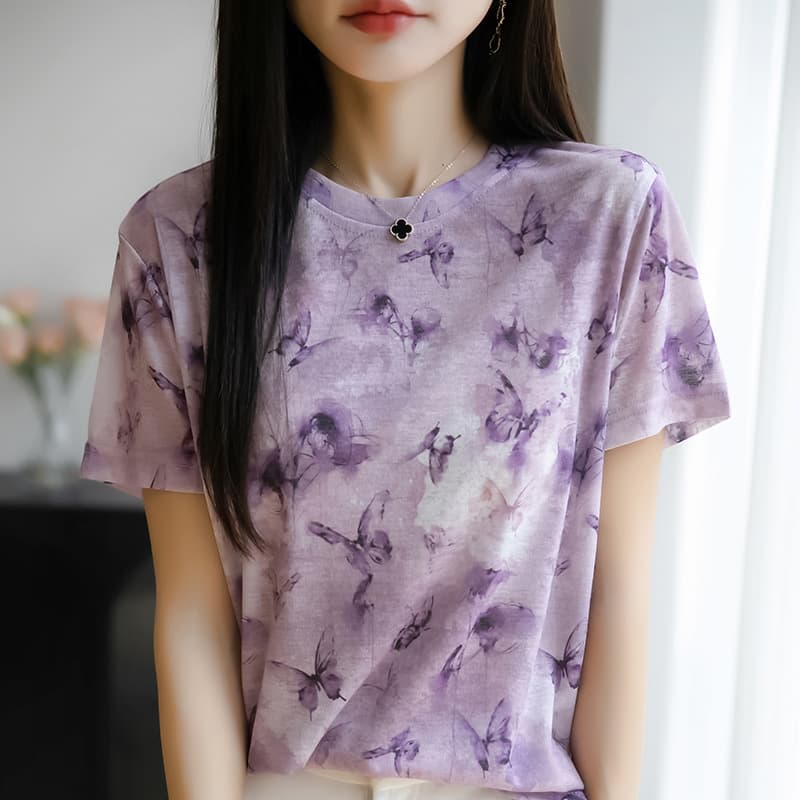 Tencel T-Shirt for Women, Printed Gradient Round Neck Short Sleeve Top, Summer Lyocell Loose Knit Tee