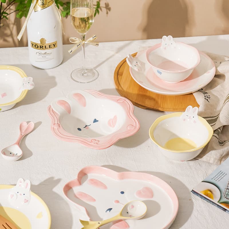 Ceramic Dinner Plate Set, Divided Plates, Animal Kids Breakfast Cartoon, Cute Rabbit Pattern Hand-Painted Under-Glaze