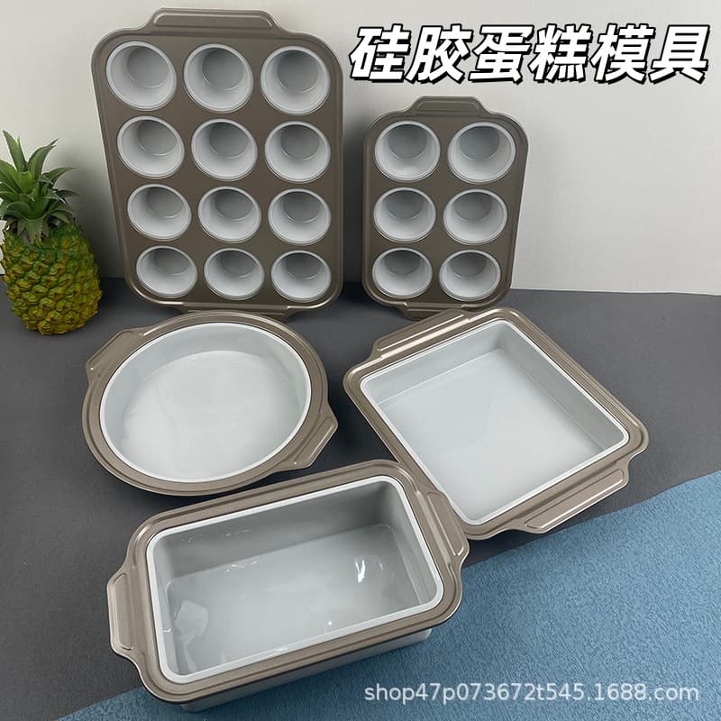 Cross-border 6-Hole 12-Hole Easy Release Creative Baking Tool Silicone Cake Mold Carbon Steel Baking Pan Toast Pan Set