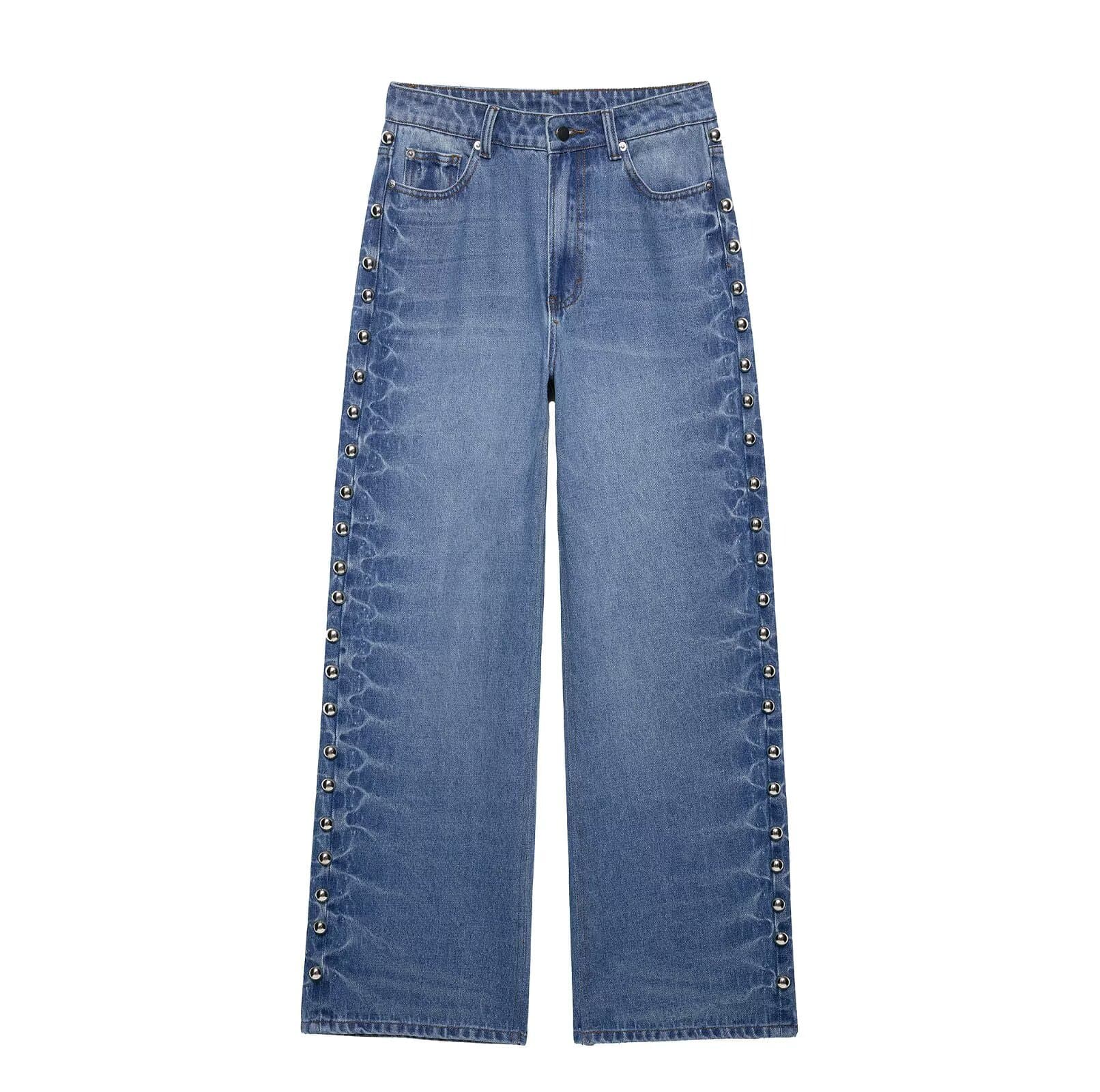 Wholesale Cross-border Women's Fashion Spring/Summer 2025 European & American Style Side Round Stud Decorated Jeans Y13-21024
