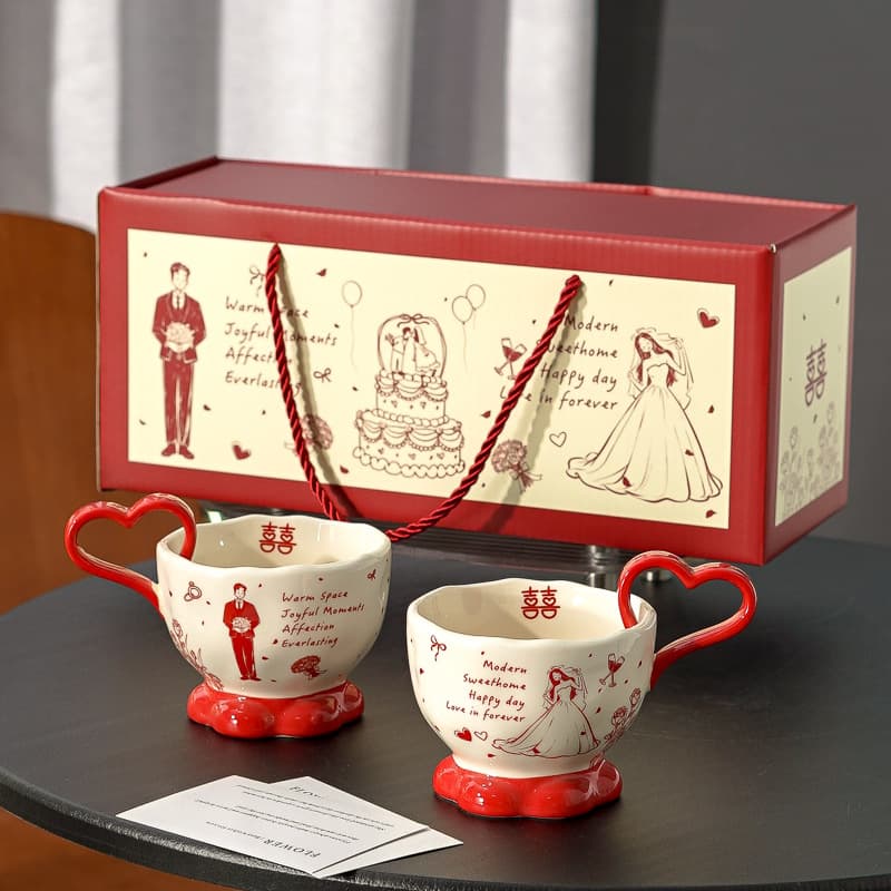 Happy couple wedding gift for newlyweds, engagement souvenir, ceramic coffee cup, drinking cup, gift box