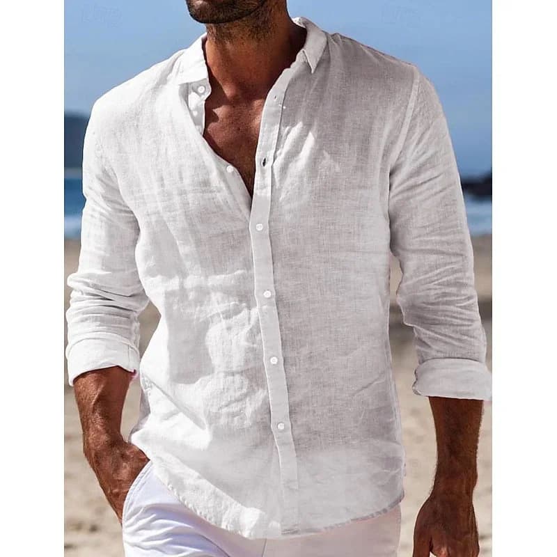 Cross-border independent station men's shirt solid color lapel spring and autumn versatile casual long-sleeved button cotton and linen shirt 175