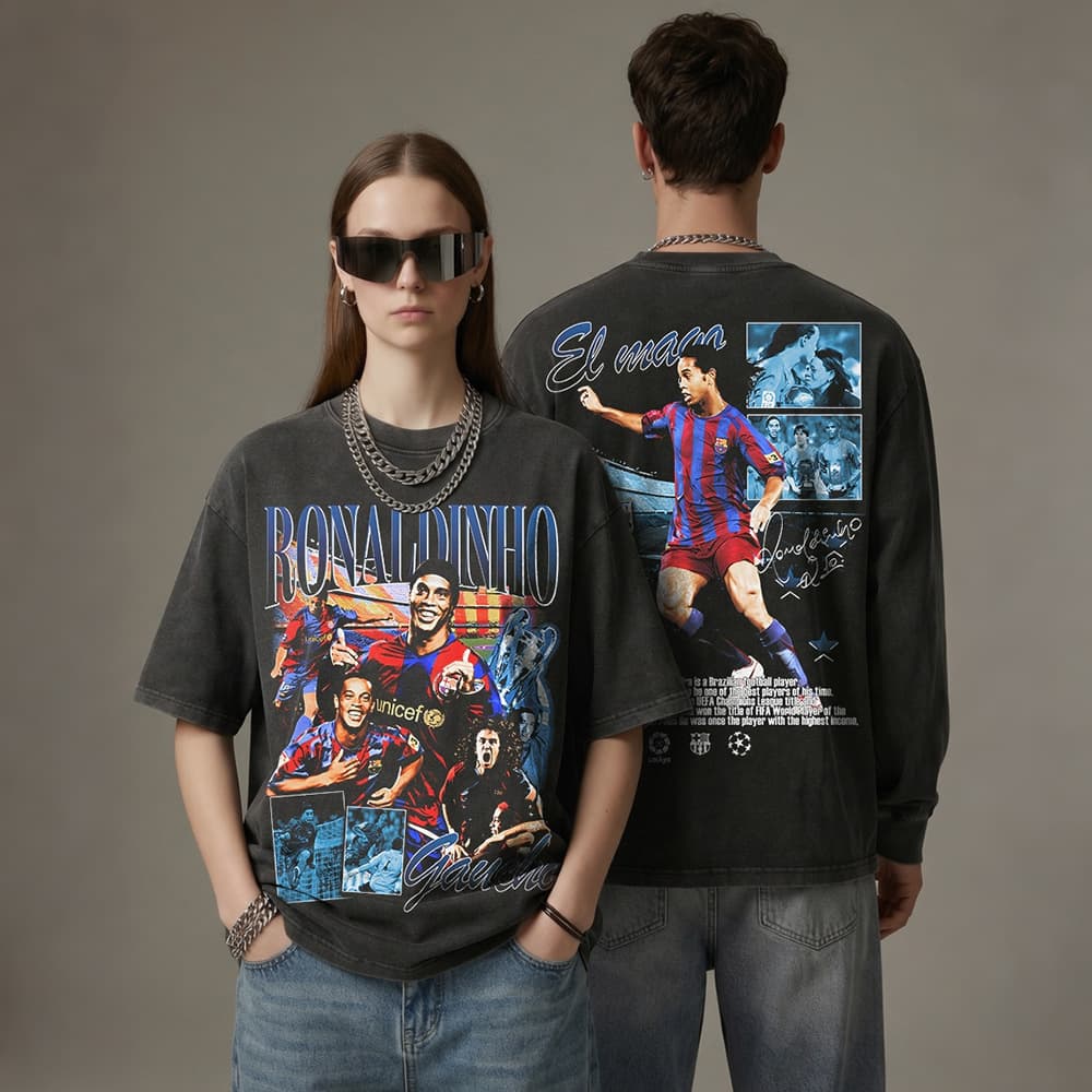 Cross-Border American Ronaldinho Printed Short-Sleeved T-Shirt Washed Round Neck Hooded Sweatshirt for Men