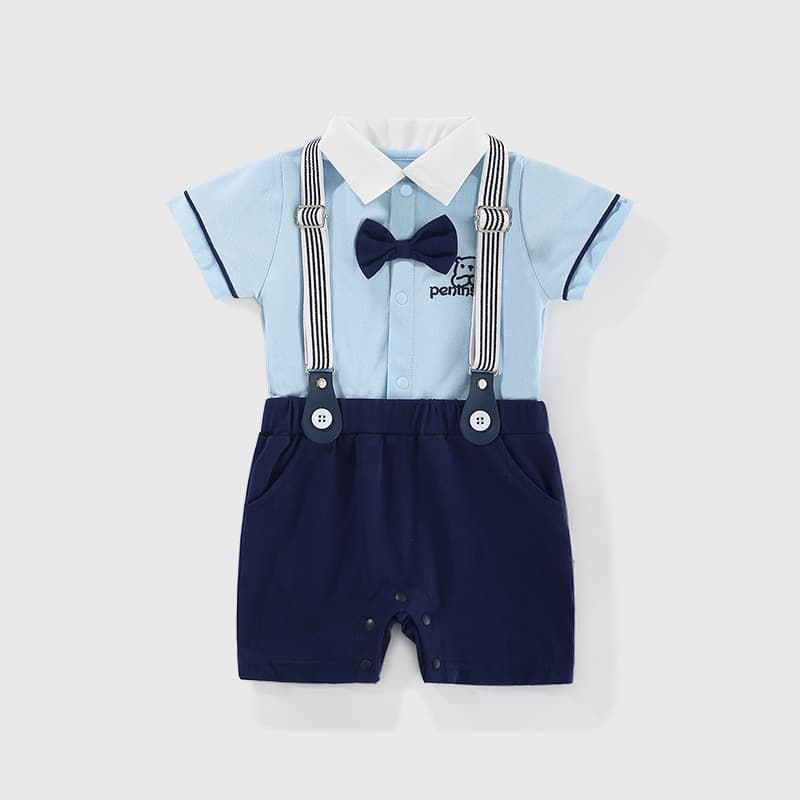 New Summer Gentleman Suspenders Baby Boy Bodysuit Contrast Color Bow Tie Short Sleeve Onesie Infant Faux Two-Piece Romper