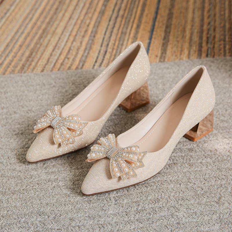 Pointed-Toe High-Heeled Shoes for Women, Spring and Summer, Chunky Heel, Shallow Mouth, Pearl Bow, Versatile Single Shoes, Large Size 43, Women's Mid-Heel, Thick Sole