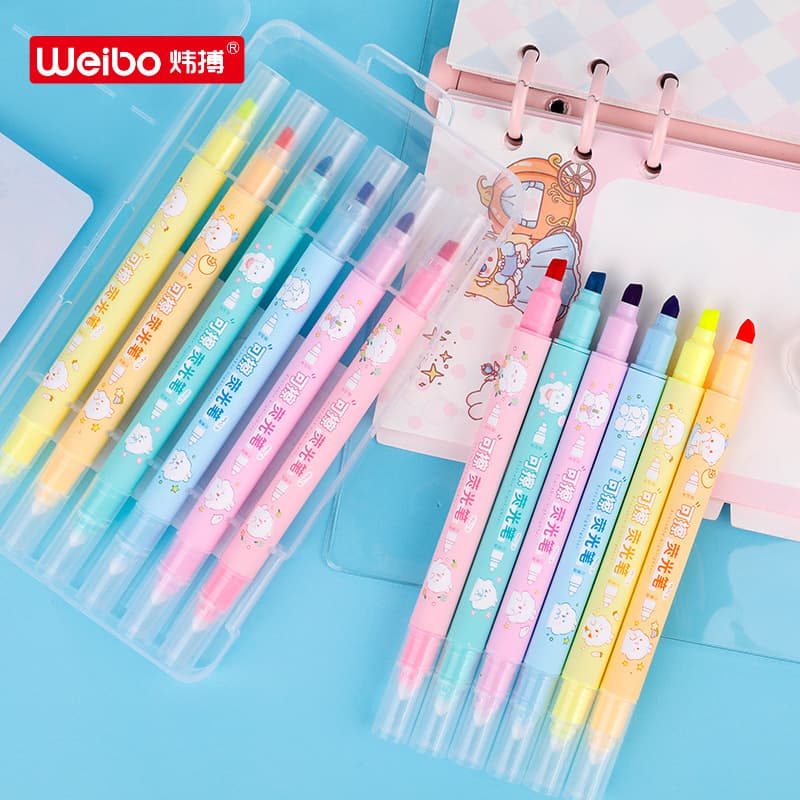 Weibo office marker double-ended high-value stationery wipeable handbook note pen cartoon cute highlighter