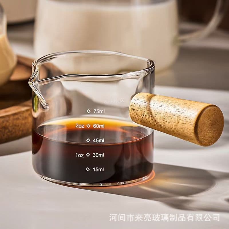 Borosilicate Glass Small Milk Cup with Scale, Ounce Cup, Mini Coffee Cup, Wooden Handle Milk Pitcher, Glass Measuring Cup