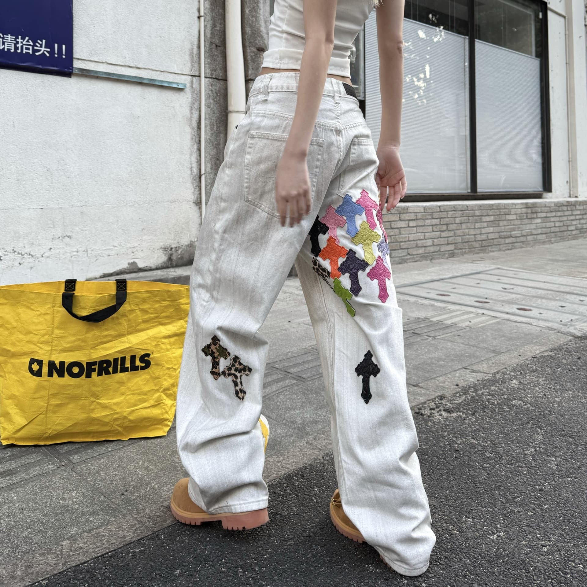 New Croxin Men's Jeans Dopamine Cross Patch Straight Wide Leg Pants Couple Trendy Jeans