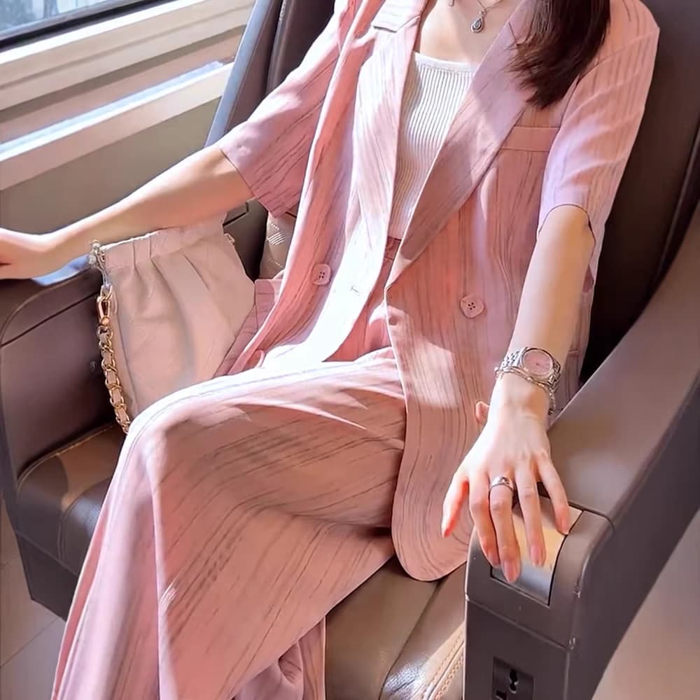 【2627】Plus Size Women's Elegant Two-Piece Set 2026 Summer New Thin Suit with Wide-Leg Pants