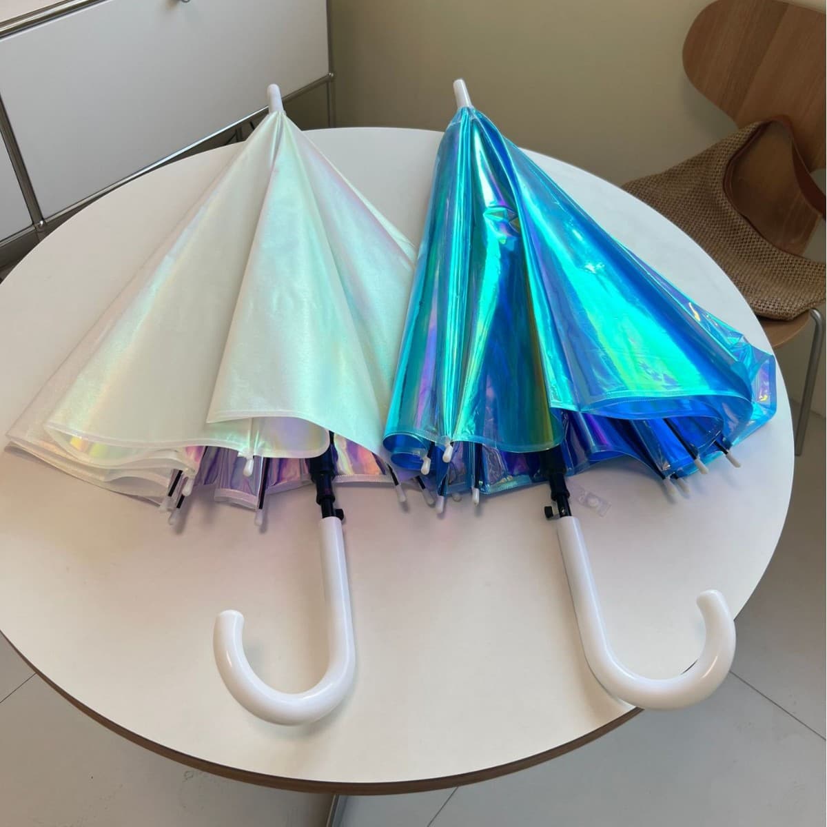 Aurora Laser Holographic Long Handle Automatic Sun and Rain Umbrella Women's Extra Large Ins High-Aesthetic Solid Color Transparent Umbrella