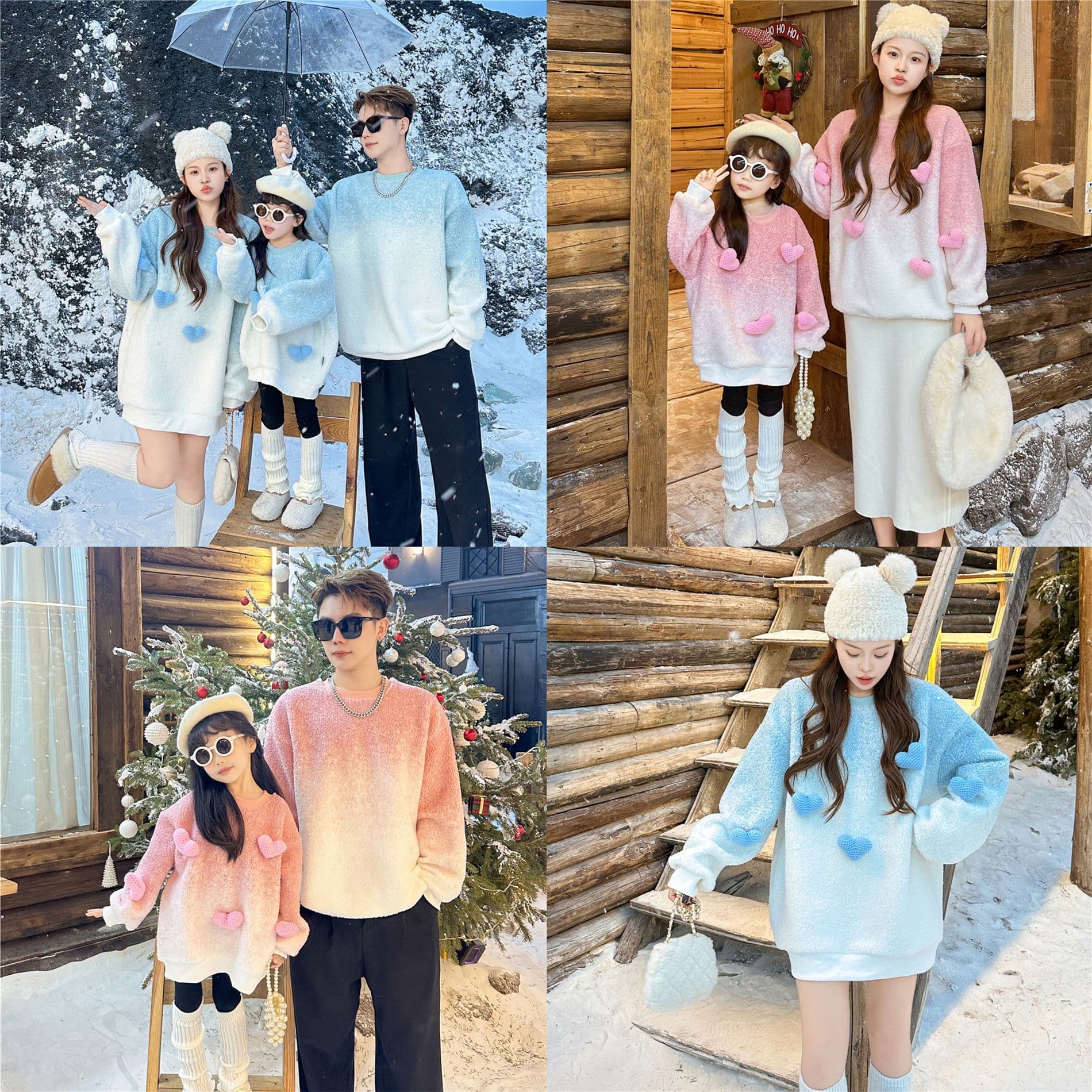 Korean Style Baby Parent-Child Hoodie Family Set for Three or Four Winter Fleece-Lined Thick 3D Heart Parent-Child Jacket Trendy