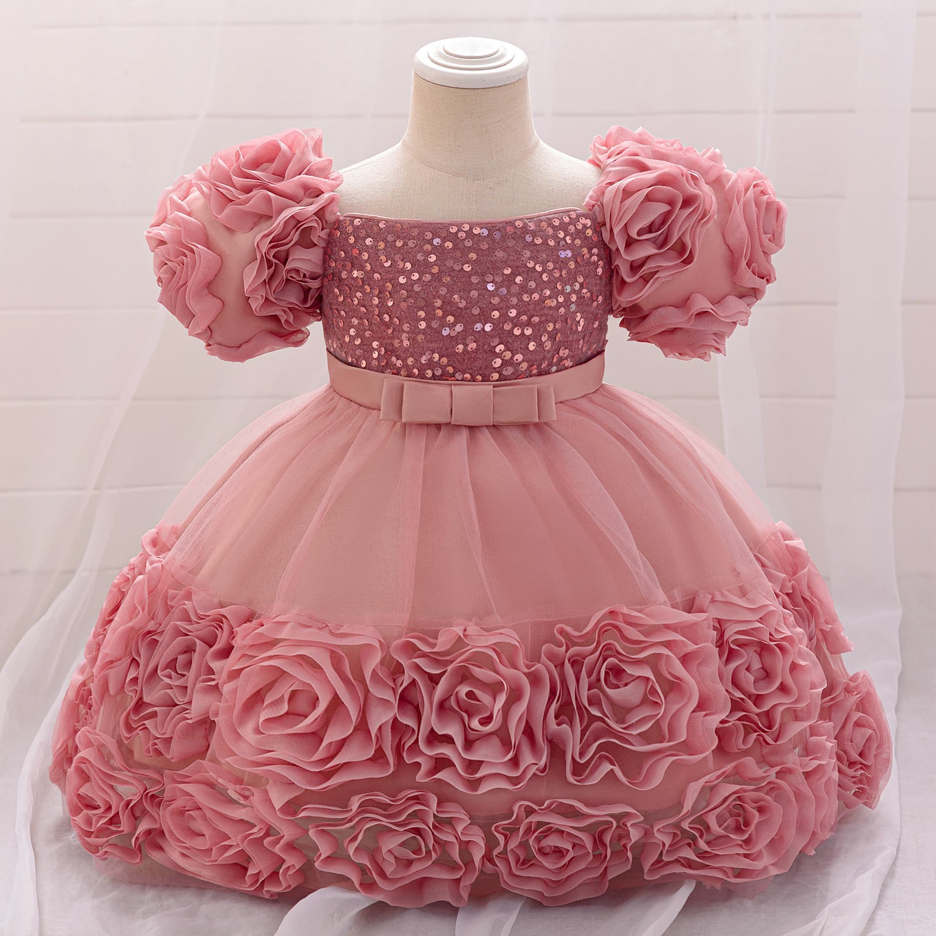 Princess Style Frock for Infants And Toddlers with Bubble Sleeves 3D Floral Embroidery Tulle Skirt Suitable for All Seasons