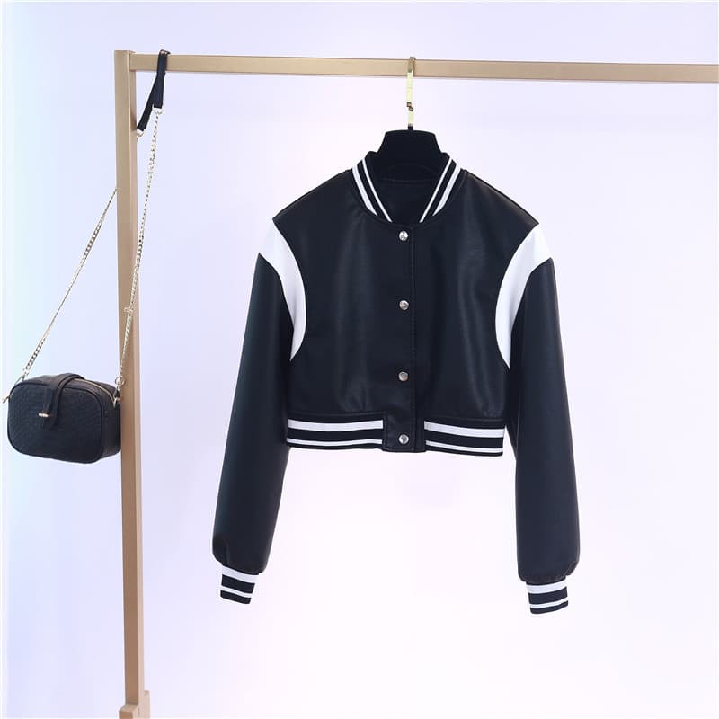 2023 Spring New Women's Short Washed PU Leather Color-Block Baseball Jacket Moto Biker Jacket