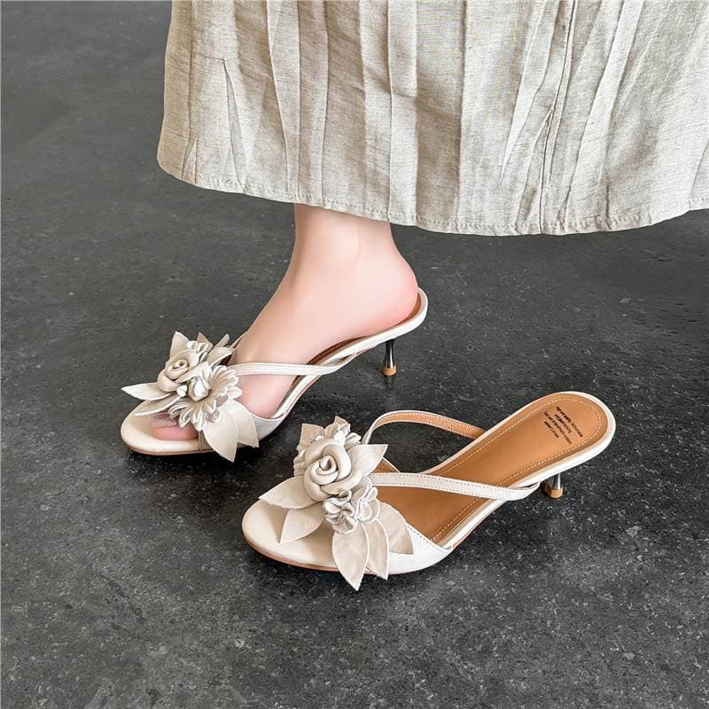 2026 Fashionable French-style High Heel Sandals for Women, Comfortable Flower Toe Strap Elegant Thin Heel