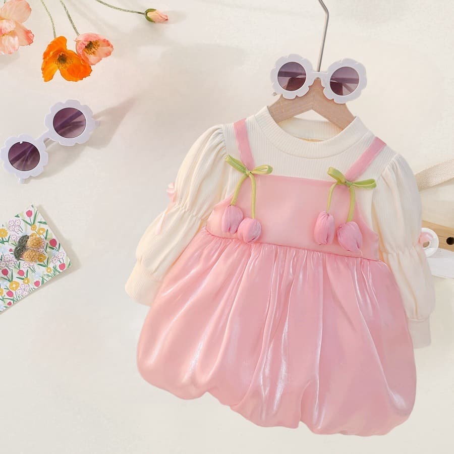 Baby Girl Dress Spring Autumn New Style Little Girl Princess Puffy Skirt Flower Bow Knot Faux Two-Piece Children's Clothing
