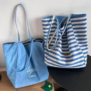 2025 Summer Striped Canvas Bag, Korean Ins Casual Tote Bag, Large Capacity, Women's Single-Shoulder Bag
