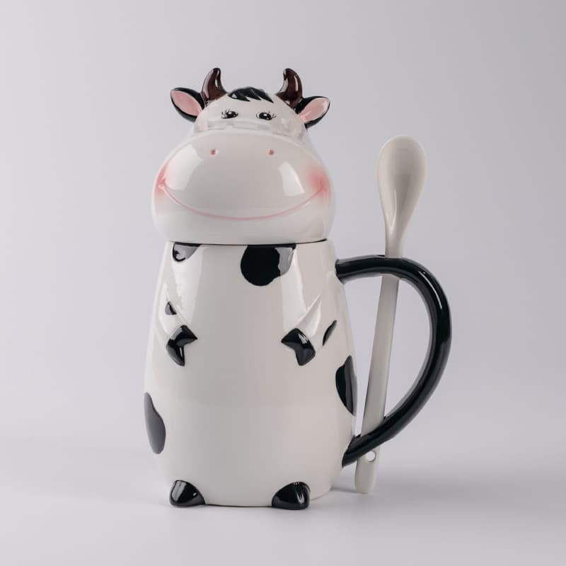 Factory Direct 3D Cartoon Cow Mug, Hand-Painted Cloud Clay Breakfast Mug with Lid and Spoon for Festivals