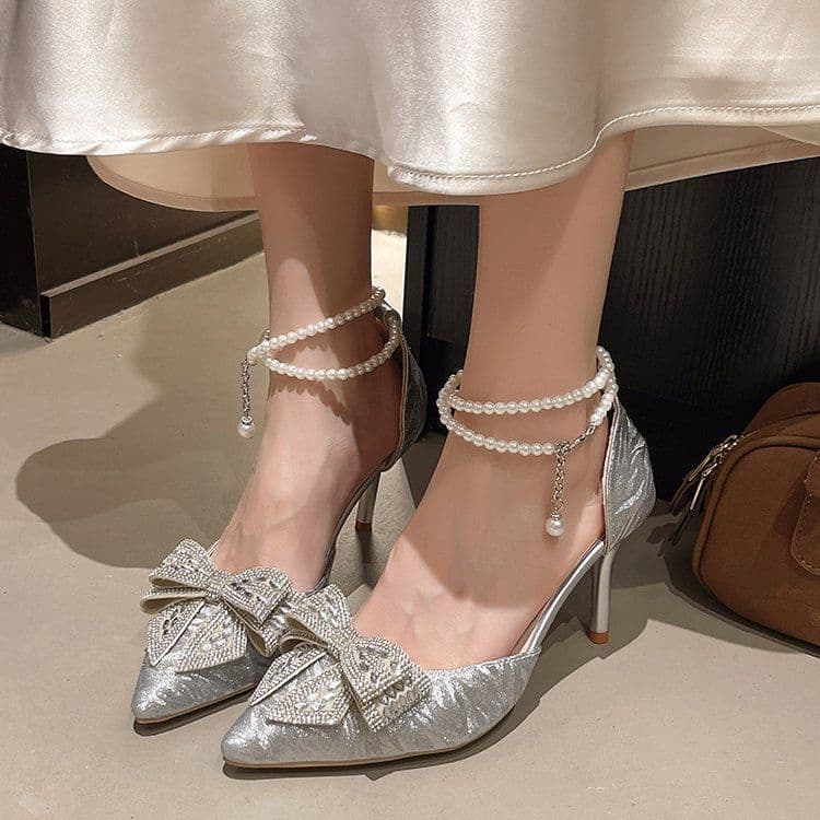 Sweet Fairy Style Pearl Chain Flats Stiletto Heels 2025 Spring and Summer New Versatile Hollow Bow High Heels for Women