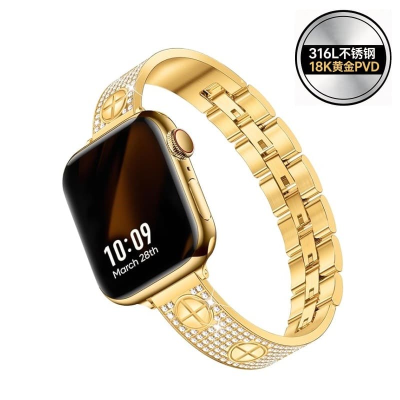 LOVE Series 18K Gold Plated Diamond Inlay Bracelet Style with 220 Zircon Stones, Compatible with Apple Watch Band iS10/S11