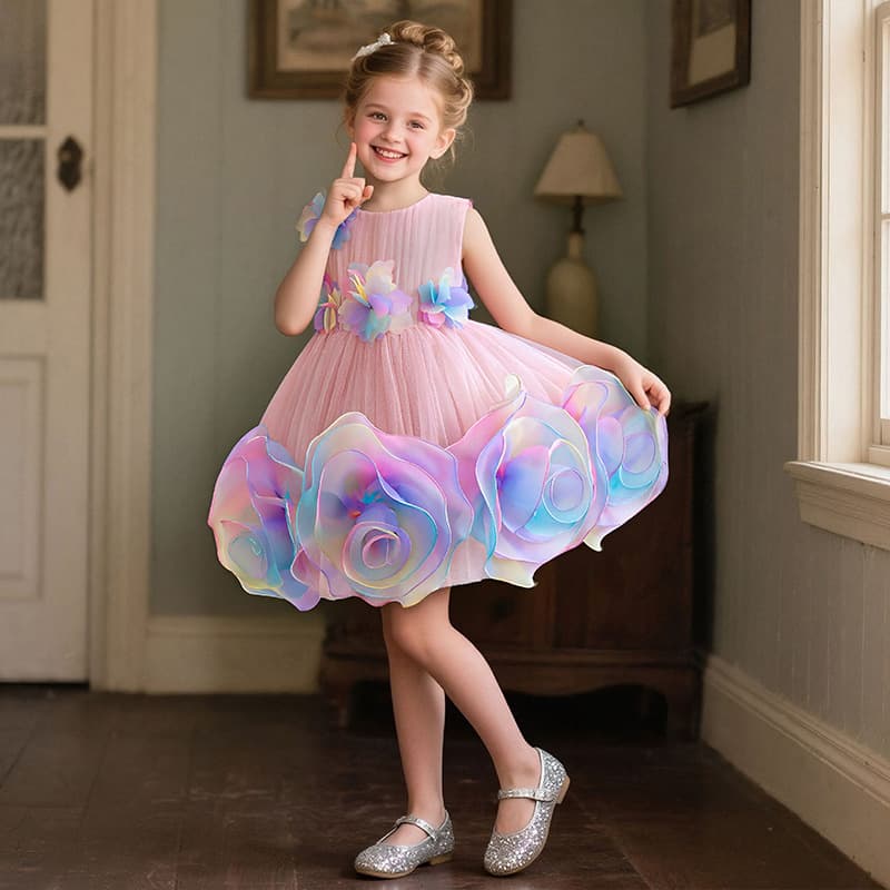 Best-Selling Girls' Princess Dress with Colorful Flowers, Tulle Ball Gown, Flower Girl Wedding Dress, Lolita Style for Girls