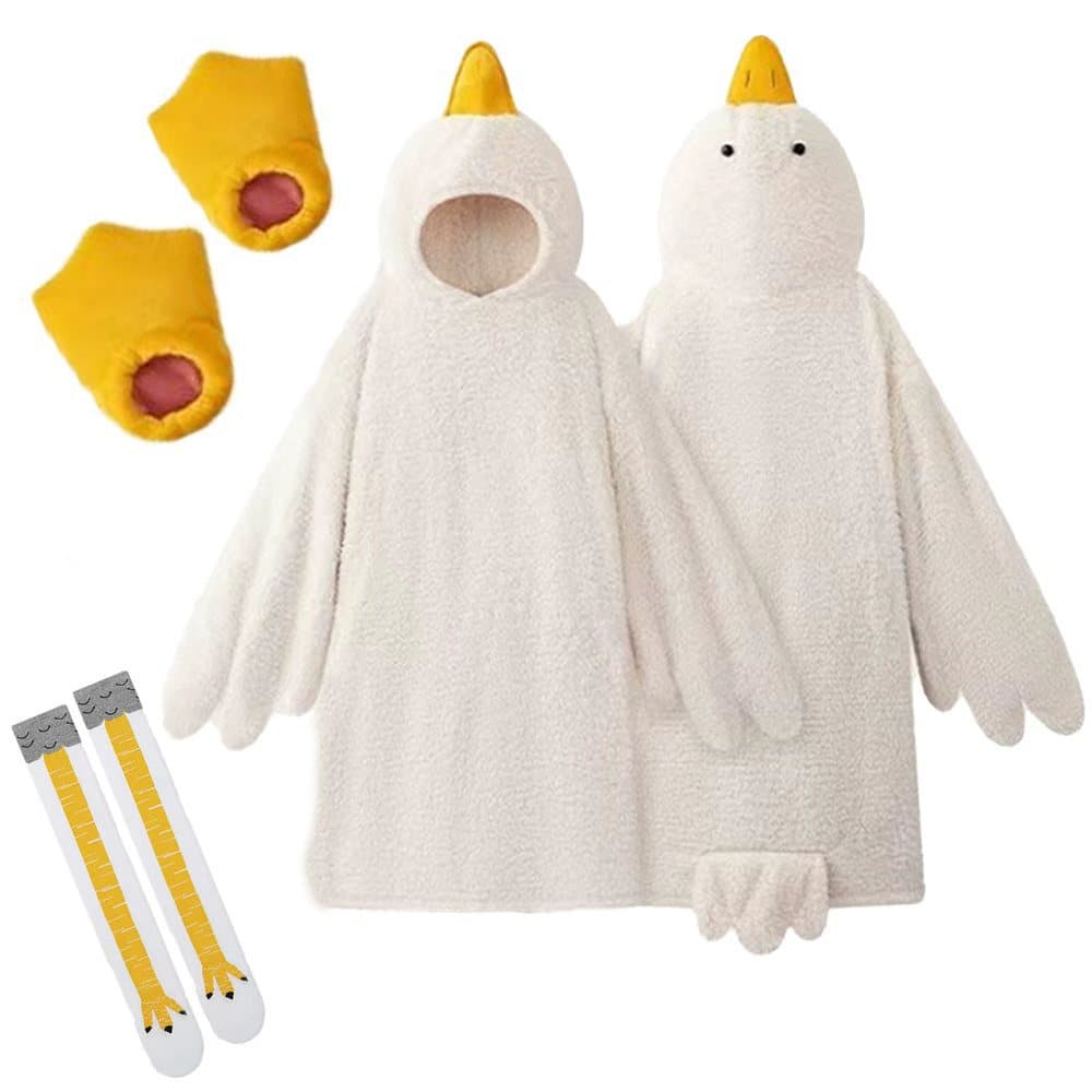 Couples Goose Plush Robe, Coral Fleece Hooded Funny Pajamas, Autumn and Winter Warm and Cute Cartoon Sleepwear