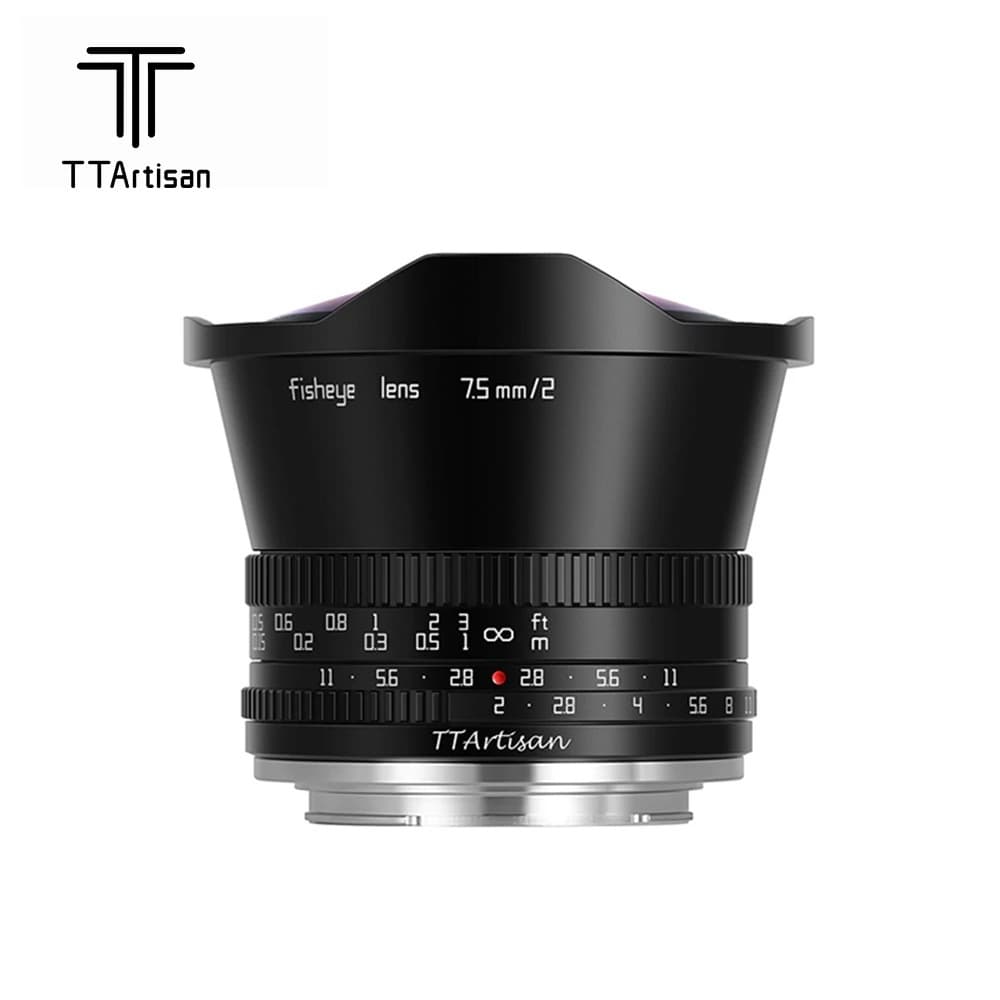 TTArtisan 7.5mm F2 fisheye mirrorless lens for Sony, Canon, Fujifilm FX, and Nikon.