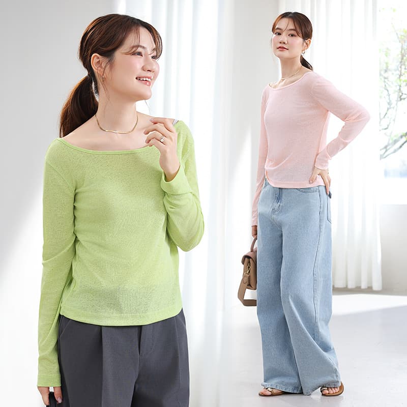 Polyester long-sleeved T-shirt for women in spring and summer micro see-through sun protection T-shirt thin loose large size top air-conditioning shirt