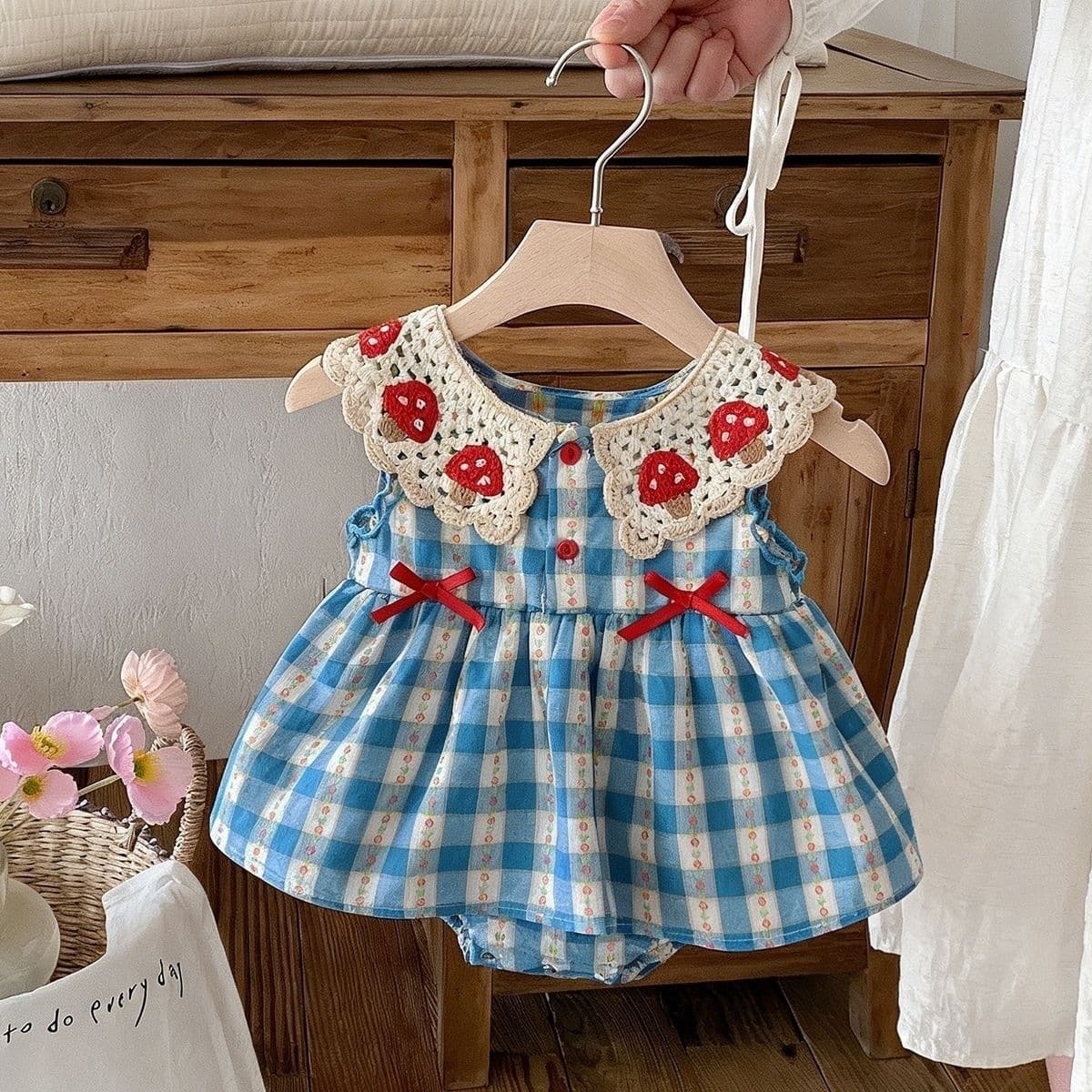 Infant blue plaid thin coverall summer knitted collar coverall skirt baby bow cotton skirt