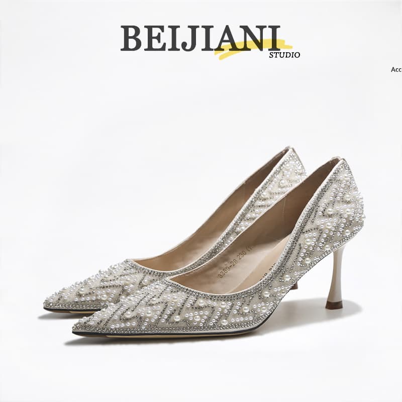 BEIJIANI 3389-28 Cross-Border Rhinestone Pearl High Heels, Comfortable Wedding Bridesmaid Bride Wedding Shoes Flats